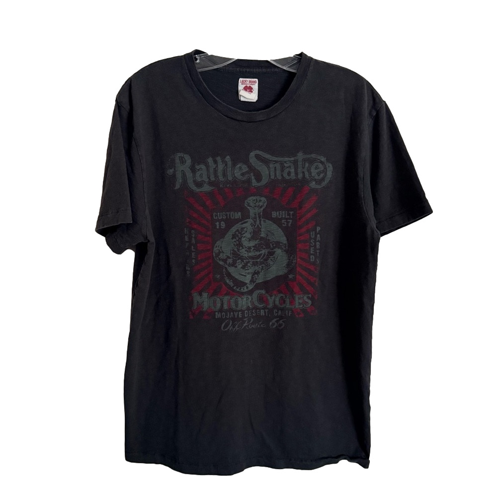 Lucky Brand Black Rattle Snake Motorcycles Graphic Tee Men's Medium Cotton